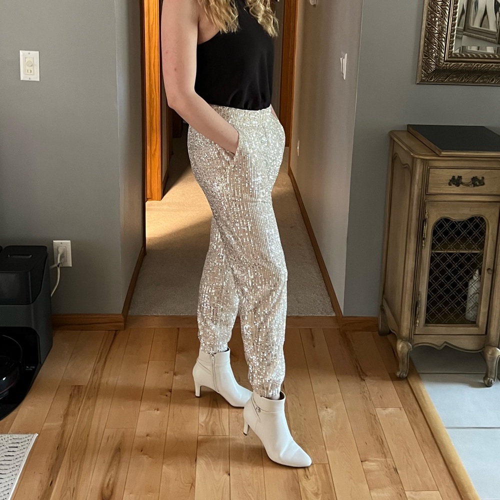 XS White Sequin Jogger Pants